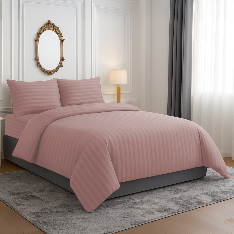 Microfiber Striped Duvet Cover Set with Matching Pillowcases and Stripe Fitted Sheet, Peach