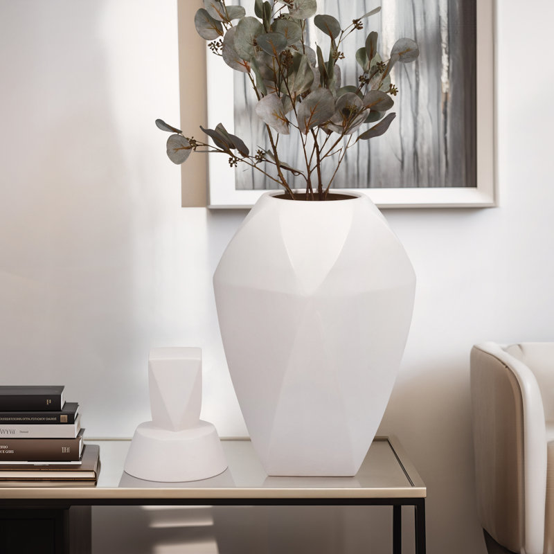 Pot moderne en céramique avec couvercle amovible pour la décoration intérieure, Blanc, H 23 po x l 11 po x P 11 po