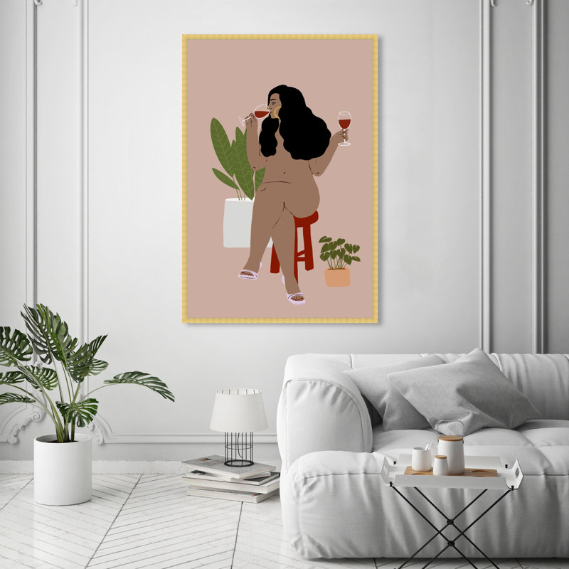 Nude Drinker - Peinture, H 54 po x l 36 po, Papier avec cadre doré