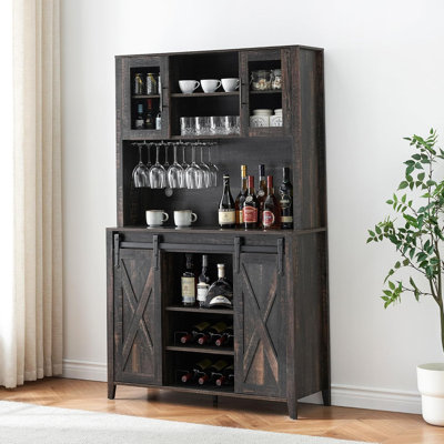 Farmhouse Coffee Bar Cabinet with Sliding Barn Door, 70" Tall Buffet Cabinet with Storage Shelves, Liquor Cabinet with Wine and Glasses Rack, for Kitchen, Dining Room