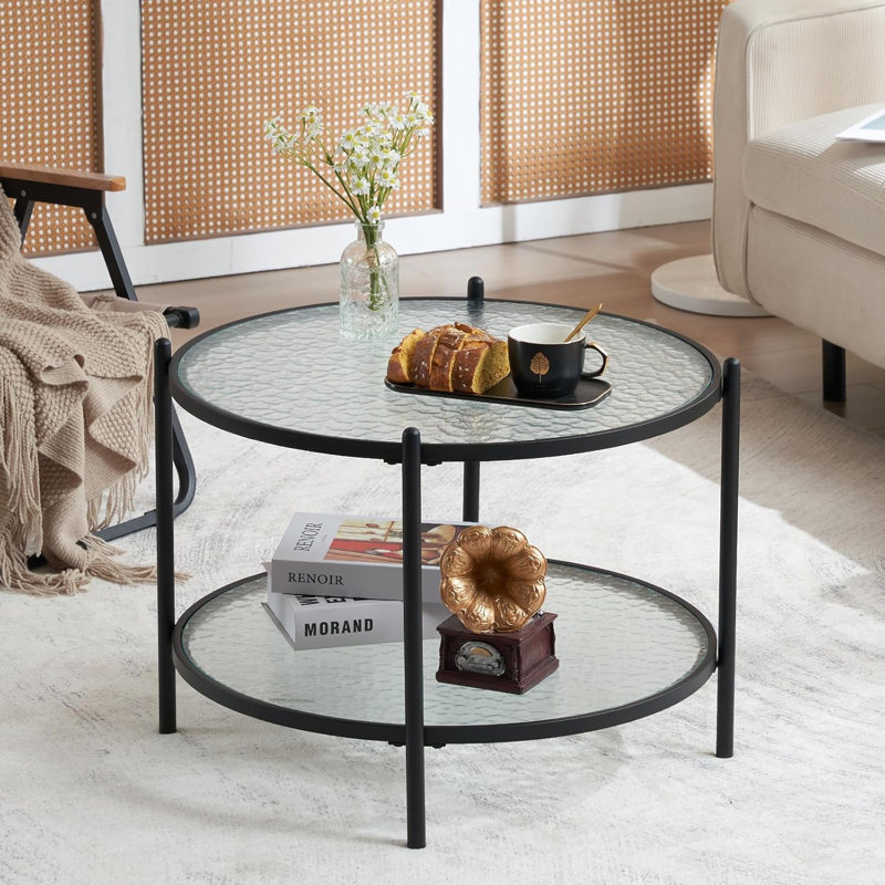25,6 po Petite table basse ronde en verre ondulé, Noir/transparent