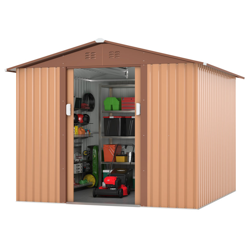 8' x 8' Brown Galvanized Steel Garden Storage Shed with Windows