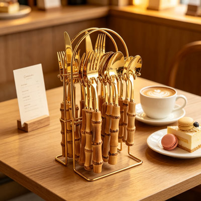 24-Piece Gold Stainless Steel Flatware Set with Bamboo Handles and Stand, Service for 6 Including Knife, Fork, Spoon, and Teaspoon, Mirror Finish Cutlery Set