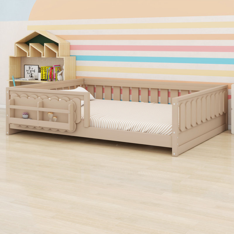 Low Profile Wood Platform Bed with Guardrail and Convenient Storage Shelves, Natural, Full