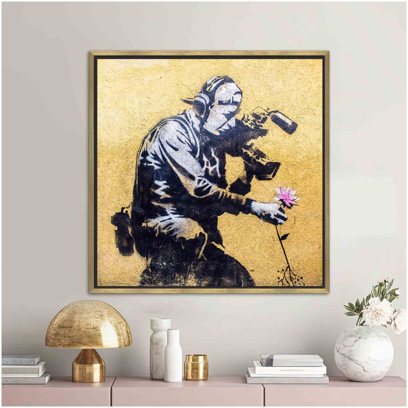 Banksy Graffiti Style 3D Canvas Painting - Abstract Cameraman and Flower Artwork Gift, Framed Print without Mat, Gold