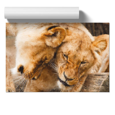Cuddling Lions Painting - Frameless Print
