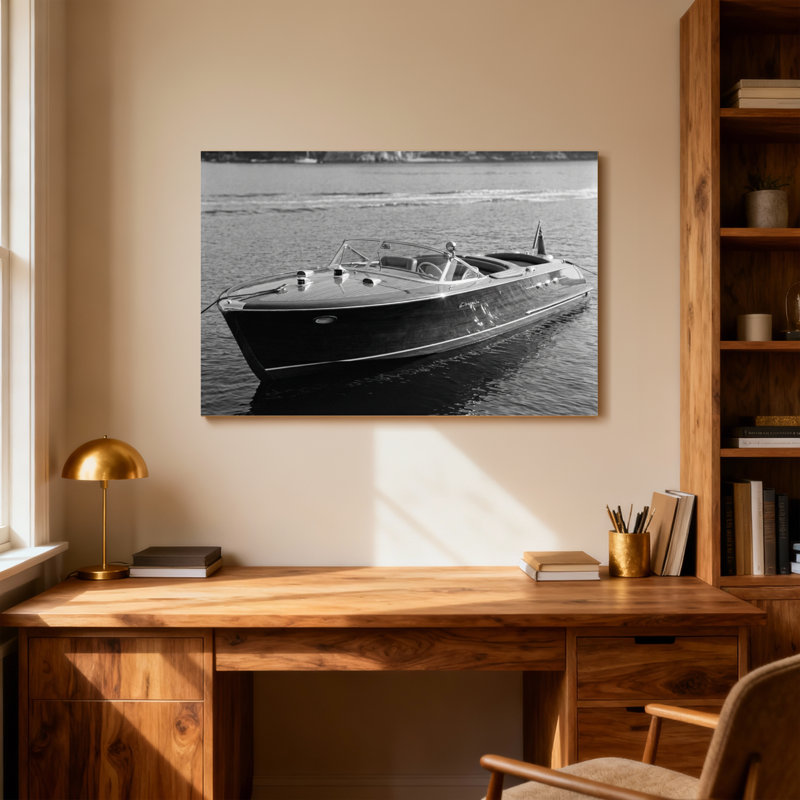 Bateau à vapeur Fashion Classic sur eau calme en noir et blanc, H 12 po x l 18 po