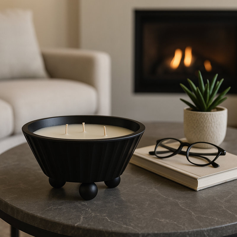 9" W Mango Wood Bowl Scented Candle, Black