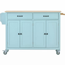 Mint Green Rubber Wood Top 52.2 in. W Kitchen Island on 4-Wheels with Sliding Barn Door and 2-Drawers