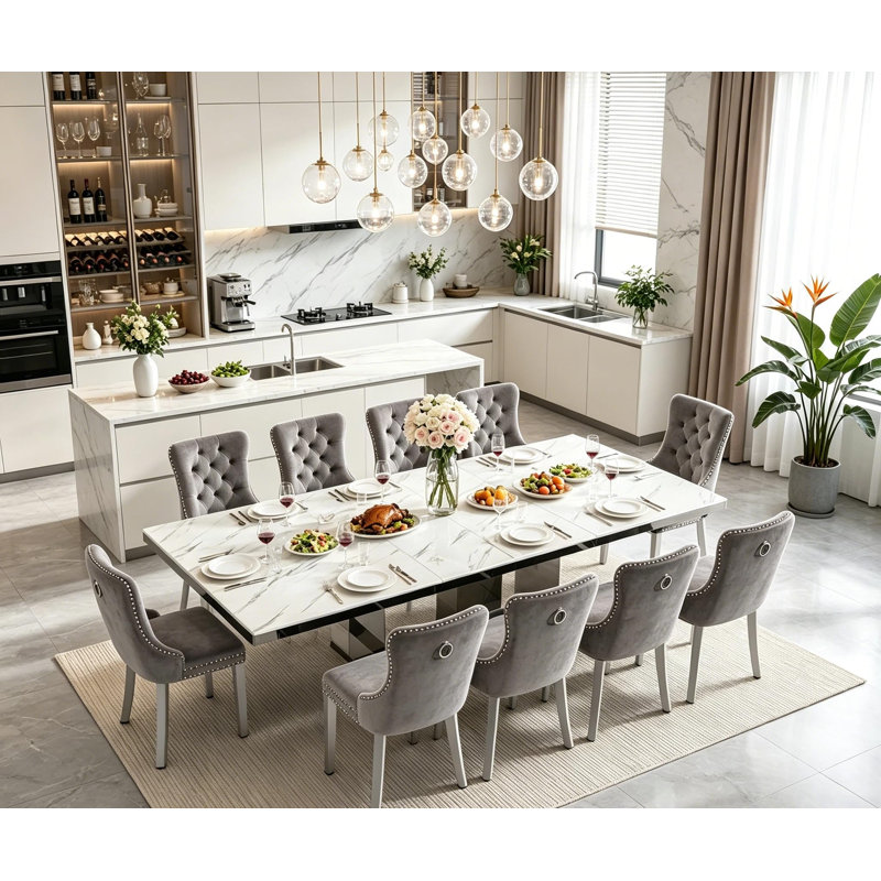 Ensemble de salle à manger extensible 11 pièces en faux marbre (63" à 95") avec 10 chaises rembourrées et grande table de cuisine extensible à piètement argenté miroir.