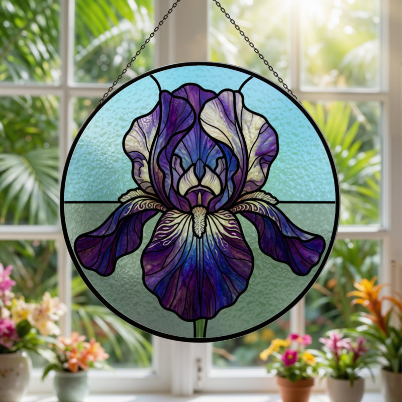 Vitrail pour fenêtre en verre coloré iris mauve H 7,8 ", H 7,8 po x l 7,8 po