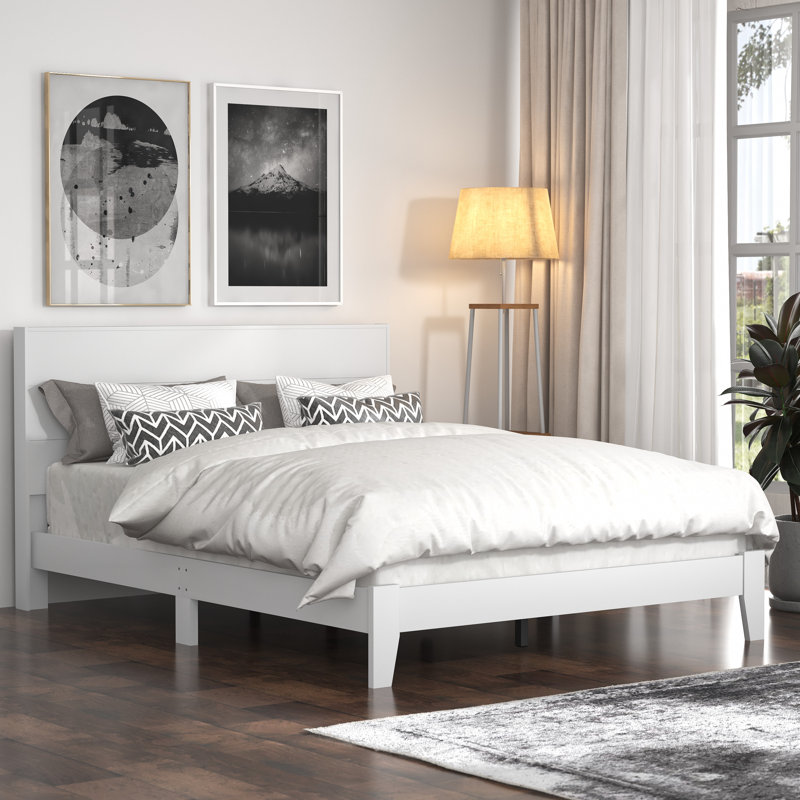 Allyannah Platform Bed with Headboard, White, Queen