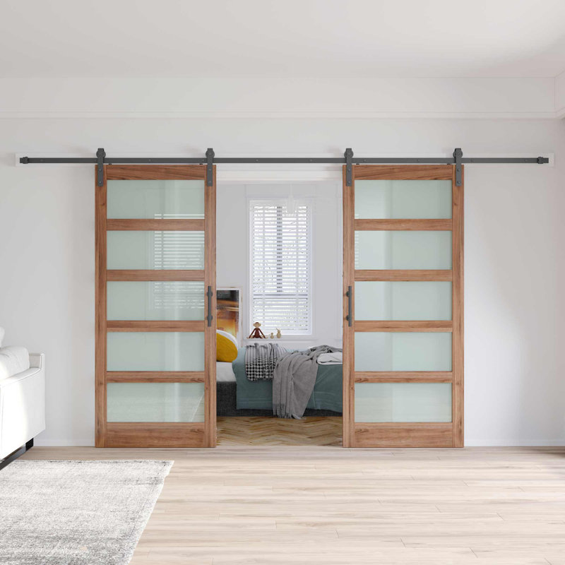 Porte de grange double en bois manufacturé en verre brun avec trousse de quincaillerie d'installation, 72 po x 96 po
