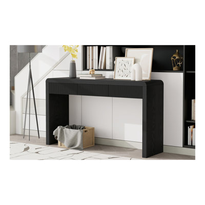 Console rustique avec 3 tiroirs cannelés - Table d'entrée en placage de bois massif avec grain de bois naturel pour le salon, couloir (noir)