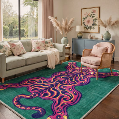 Stylized Tiger Collection Abstract Machine Washable Green / Pink / Blue Indoor Area Rug with Non-Slip Backing