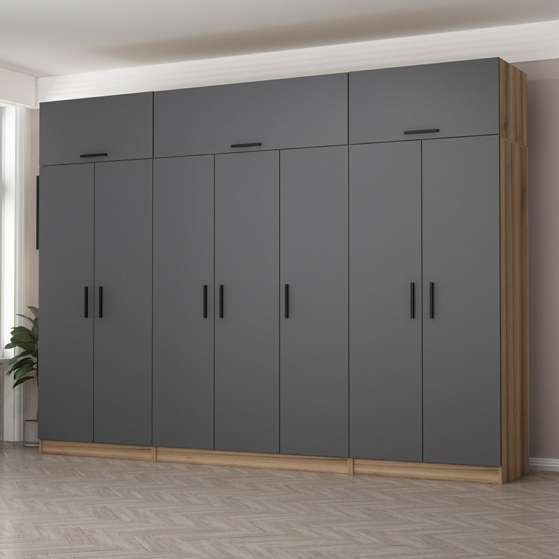Elina 7 Door Manufactured Wood Wardrobe, Black, 255cm H x 315cm W x 52cm D