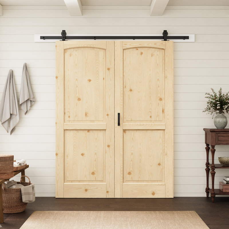 Porte intérieure en pin massif à deux panneaux cintrée de 56 po x 80 po avec quincaillerie pour portes pliantes de style grange, idéale pour le salon ou le garde-manger.