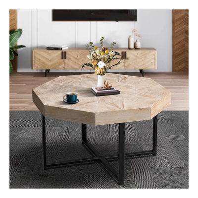 Table basse octogonale en bois à motif de patchwork rétro 30 pouces