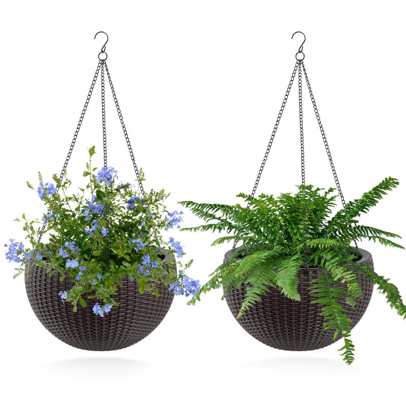 13.4 Inch Self-Watering Hanging Rattan-Inspired Planter Large Capacity, Root-Rot Resistant Water Storage With Water Level Indicator, Dual-Use For Indoor & Balcony Decoration (Pack Of 2, Brown)