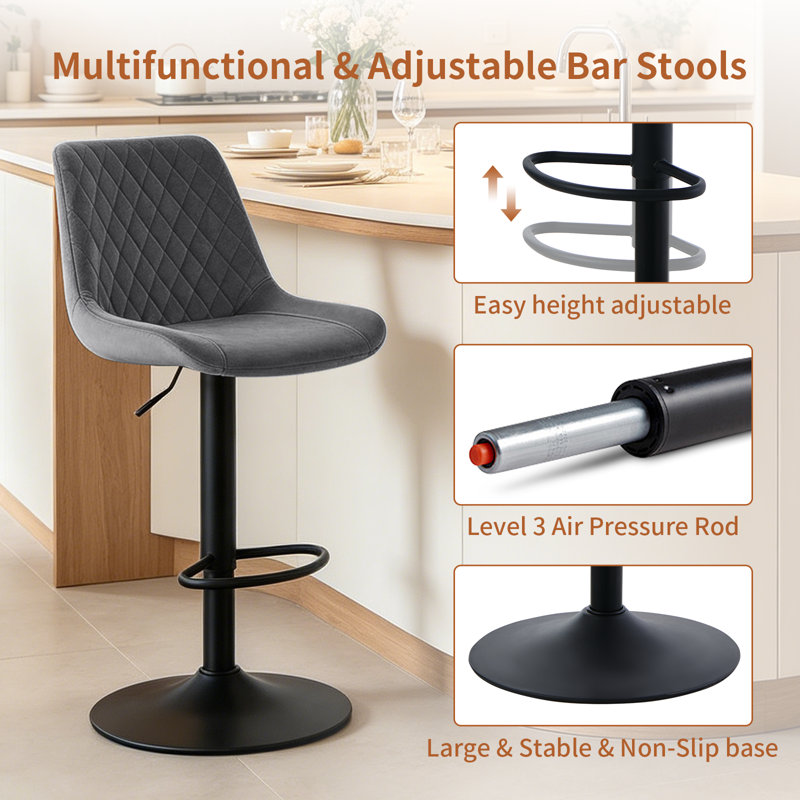 Adjustable Height Velvet/Suede Bar Stools with Gas Lift, Velvet Grey