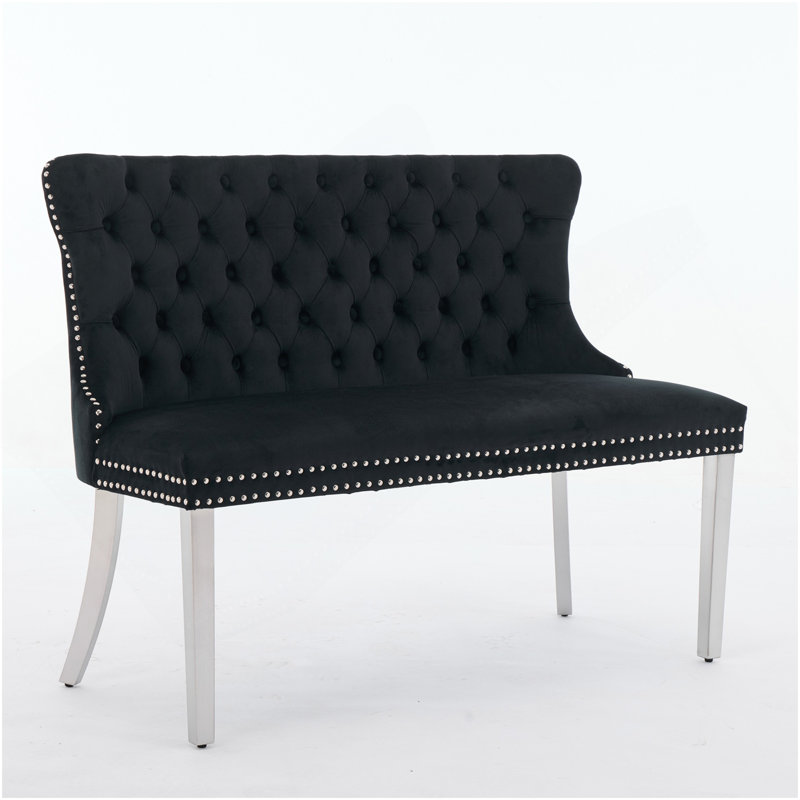 Velvet Double Dining Loveseat Bench, Kitchen & Dining Seating, 2-Seat Tufted Bench W/Handmade Buttons, Wing Back, Brushed Silver Stainless Steel Legs, Mid Century Modern,Single Pack,Black,SW1702BK