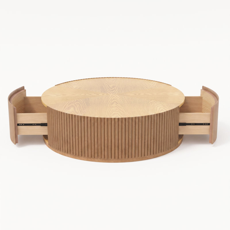 Table basse ronde contemporaine moderne de 89 cm de large, entièrement assemblée, avec piètement cannelé en bois massif, 2 tiroirs de rangement dissimulés et plateau en placage de bois.