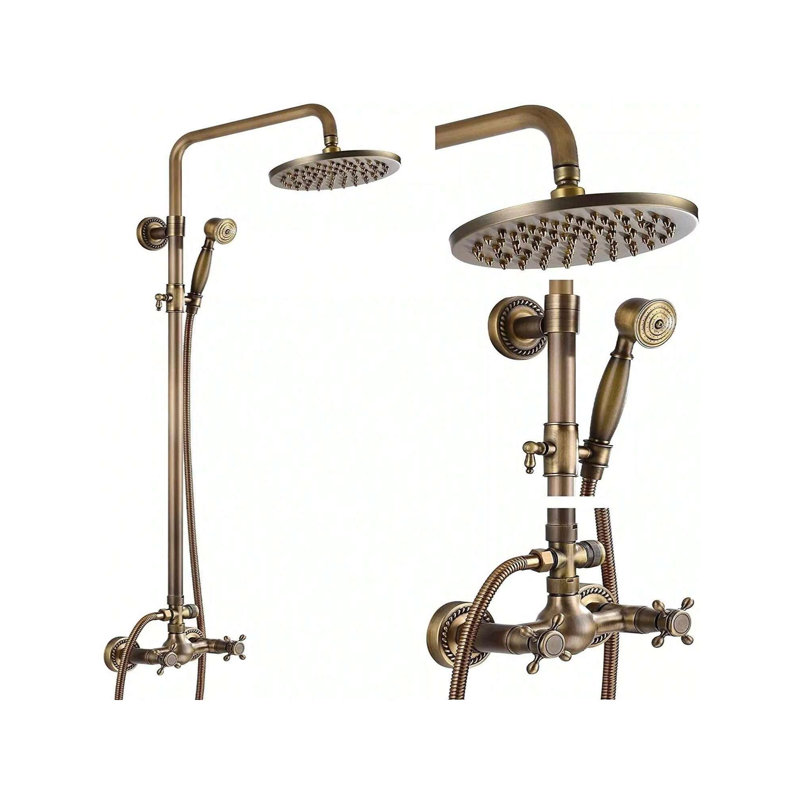 Antique Wall Mount Shower System, Brass Exposed Shower Faucet Set with 8 Inch Nail Rain Shower Head and Hand Shower 2 Cross Handle Adjustable Height