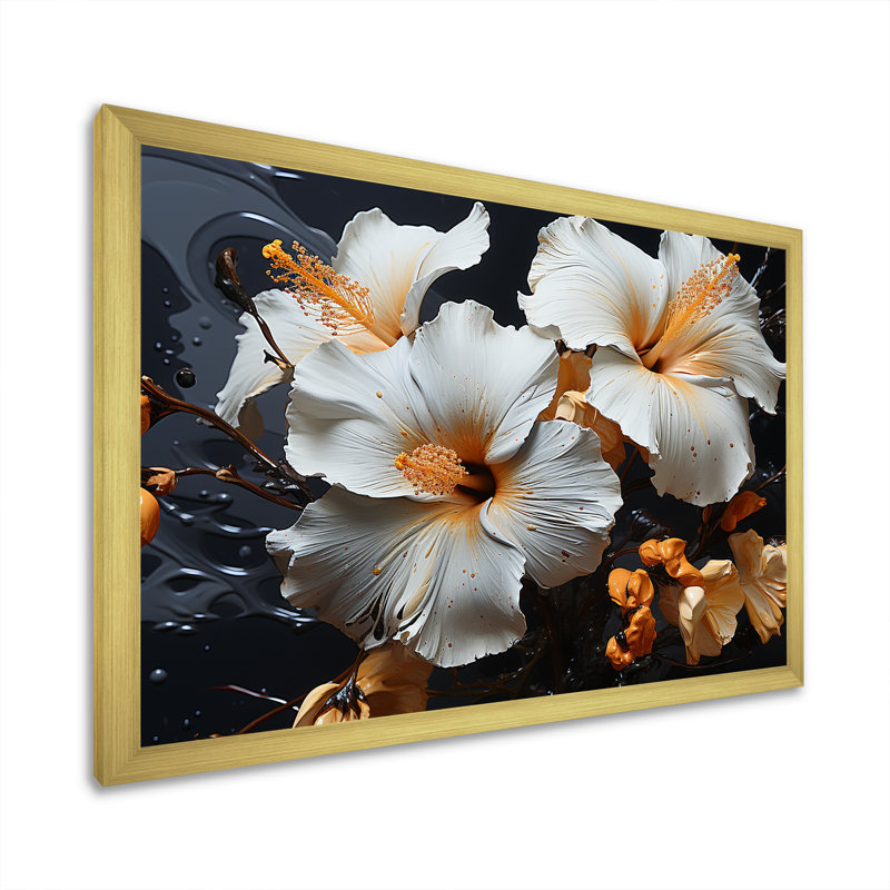 «Hibiscus Orange Blossums» sur toile, H 24 po x l 32 po x P 1 po, Cadre doré simple
