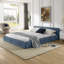 Grand lit tapissier à structure plissée en chenille bleu, lit plateforme en bois massif avec tête de lit, aucun sommier requis-1678212009