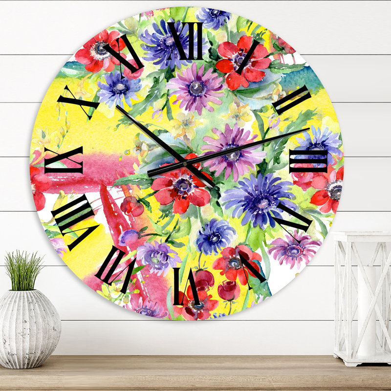 Vibrant Wild Spring Leaves and Wildflowers V - Horloge murale moderne, Petit