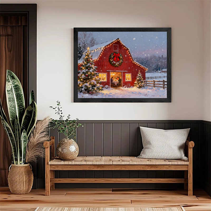 Art mural de ferme de Noël rustique noir encadré - charmante grange rouge et arbre, décorations festives encadrées