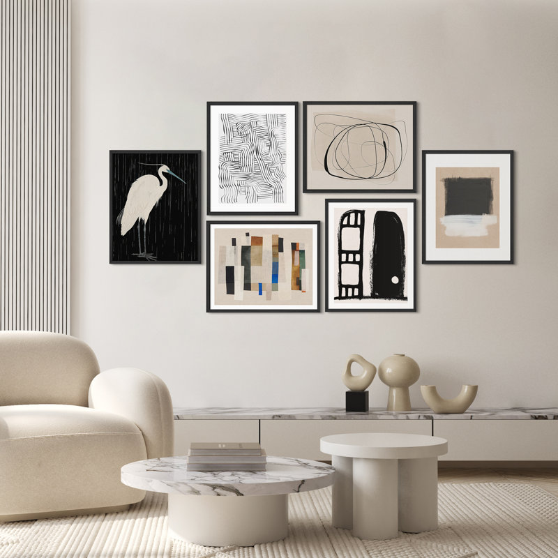 Ensemble de 6 reproductions d'art moderne et grues - impressions minimalistes d'inspiration scandinave dans des tons neutres