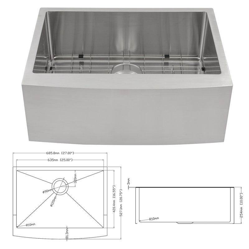 27 Inch Farmhouse Kitchen Sink - 27"X21"X10" Stainless Steel Apron Front Farmhouse Sink 10 Inch Deep 16 Gauge Single Bowl Kitchen Sink Basin