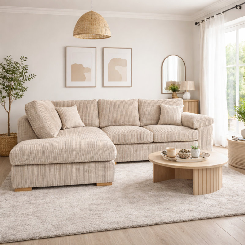 4 Seater Corduroy Sofa & Chaise, Left Hand Facing, Cream