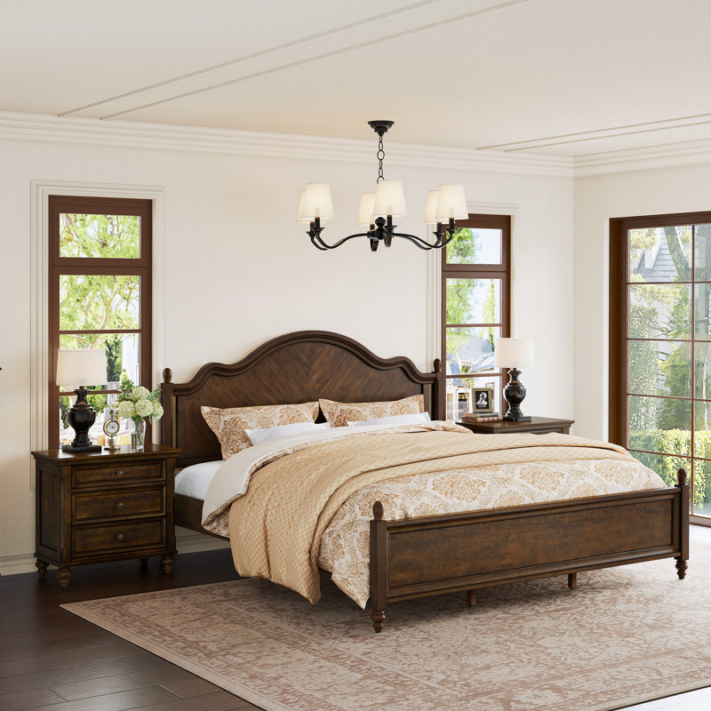 Ensemble de chambre à coucher 3 pièces en bois massif moderne, Très grand lit, Dark Walnut