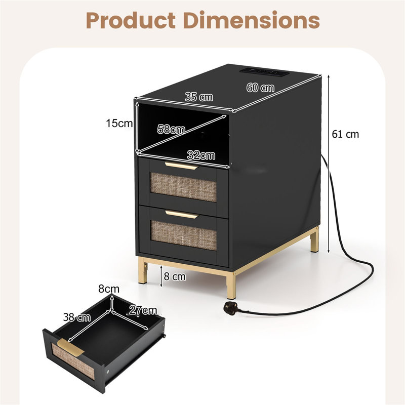 60cm W Metal Bedside Table, Black