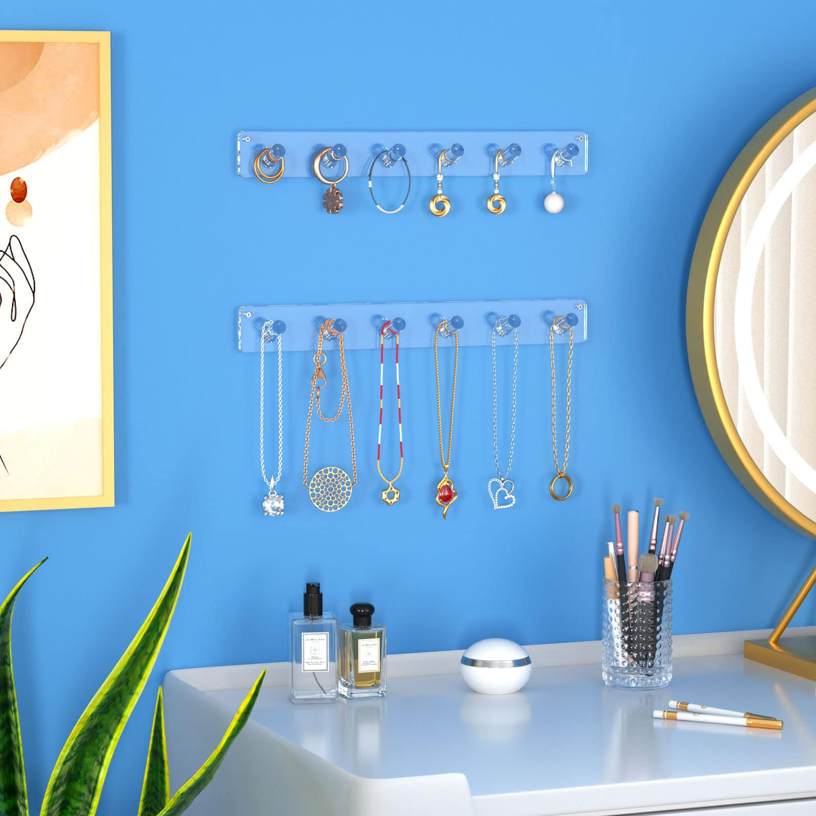 Ivy Bronx Wall Mounted Jewelry Stand Organizer, 2 Pack Acrylic Necklace