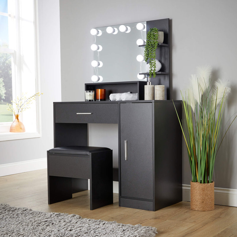 Roianne 1 Drawer Dressing Table Set with LED Mirror, Black