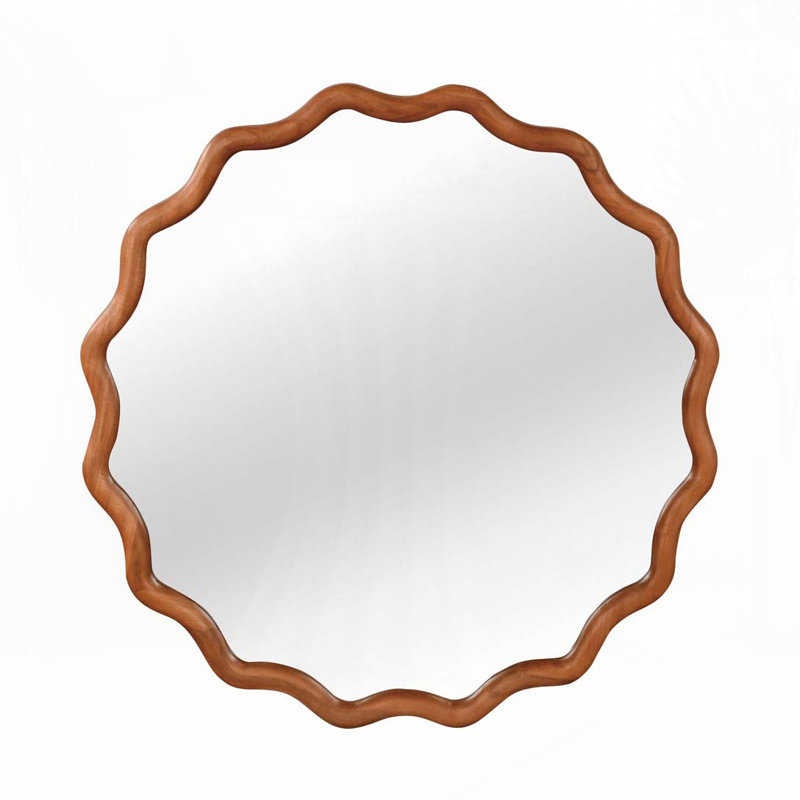 Wavy Round Solid Wood Frame Decorative Mirror,For Bedroom, Bathroom, Living Room, Entryway, Yellow Brown, 30" x 30"
