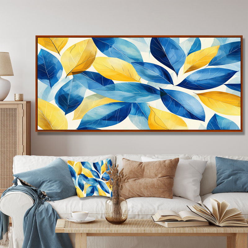 Bleu, jaune, numérique, feuilles, feuilles I - feuilles, art mural, H 28 po x l 60 po, Impression encadrée flottante, Brun