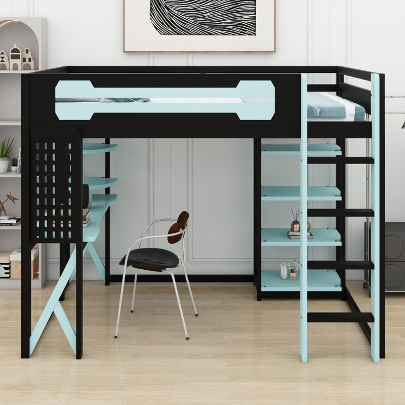 Loft Bed with Integrated Desk, Shelves, Power Outlet & RGB Lighting, Black+Blue