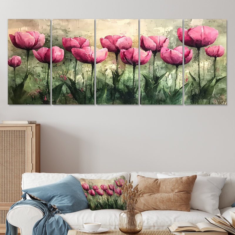 Lundergan - Tulips Wall Art - Art mural traditionnel pour le salon, 5 pièces, H 32 po x l 80 po