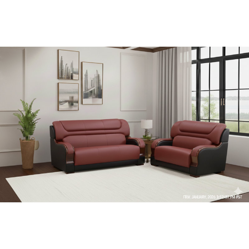 Ensemble de salon en cuir véritable 2 pièces Shamim, Cuir véritable rouge