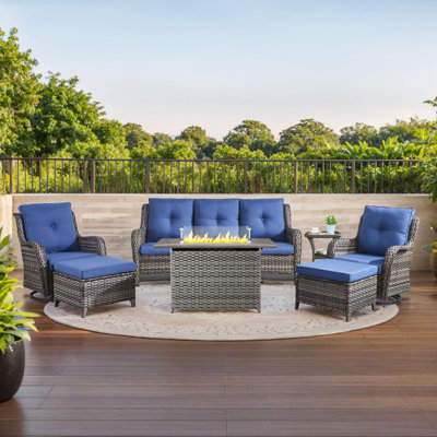 Wendye 7-Piece Outdoor Furniture Sofa Set With 2 Swivel Chairs, 2 Ottomans, End Table & 55K BTU Fire Pit Table