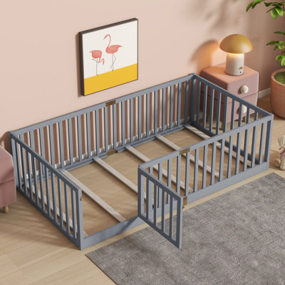 Kids Floor Bed With High Fence And Lockable Door Solid Wood Platforms Standard Bed