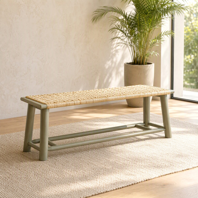 Banc de ferme en rotin massif de 150 cm (59 po), banc d'entrée/salle à manger intérieur/extérieur avec assise tressée, finition pour porche, chambre et salon