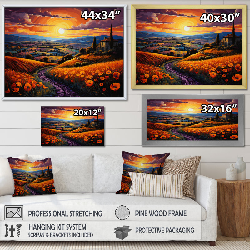 Italy Umbrian Sunrise - Italy Canvas Wall Art, H 16 po x l 32 po x P 1 po, Cadre doré à une seule photo