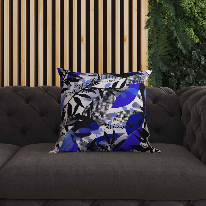 Coussin intérieur / extérieur Leafy Collage, Bleu / noir / blanc, Carré 16 po