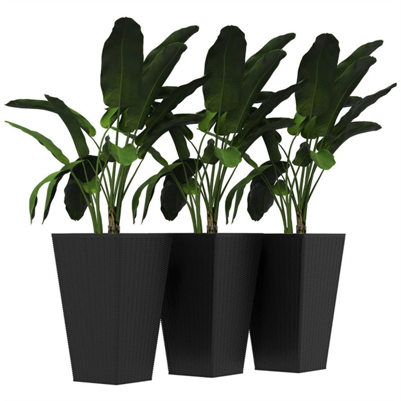 Ensemble de 3 grands pots de fleurs empilables en bois artificiel avec trous de drainage pour terrasse de patio, Black