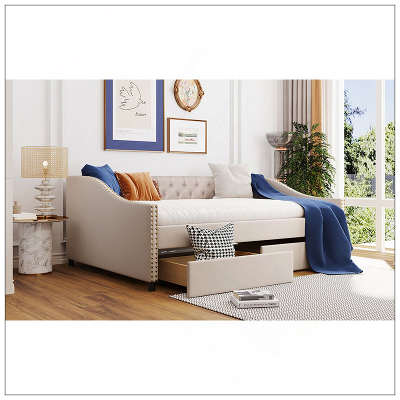 Upholstered Daybed With Two Drawers, Wood Slat Support, Full Size, Beige